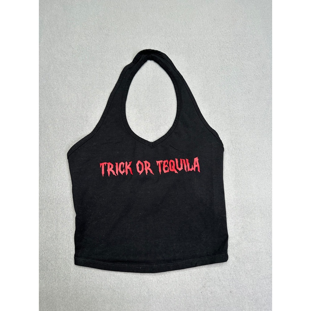 ❌SOLD❌Windsor Y2K Goth Trick Or Tequila Halloween Halter Crop Top Black Red S